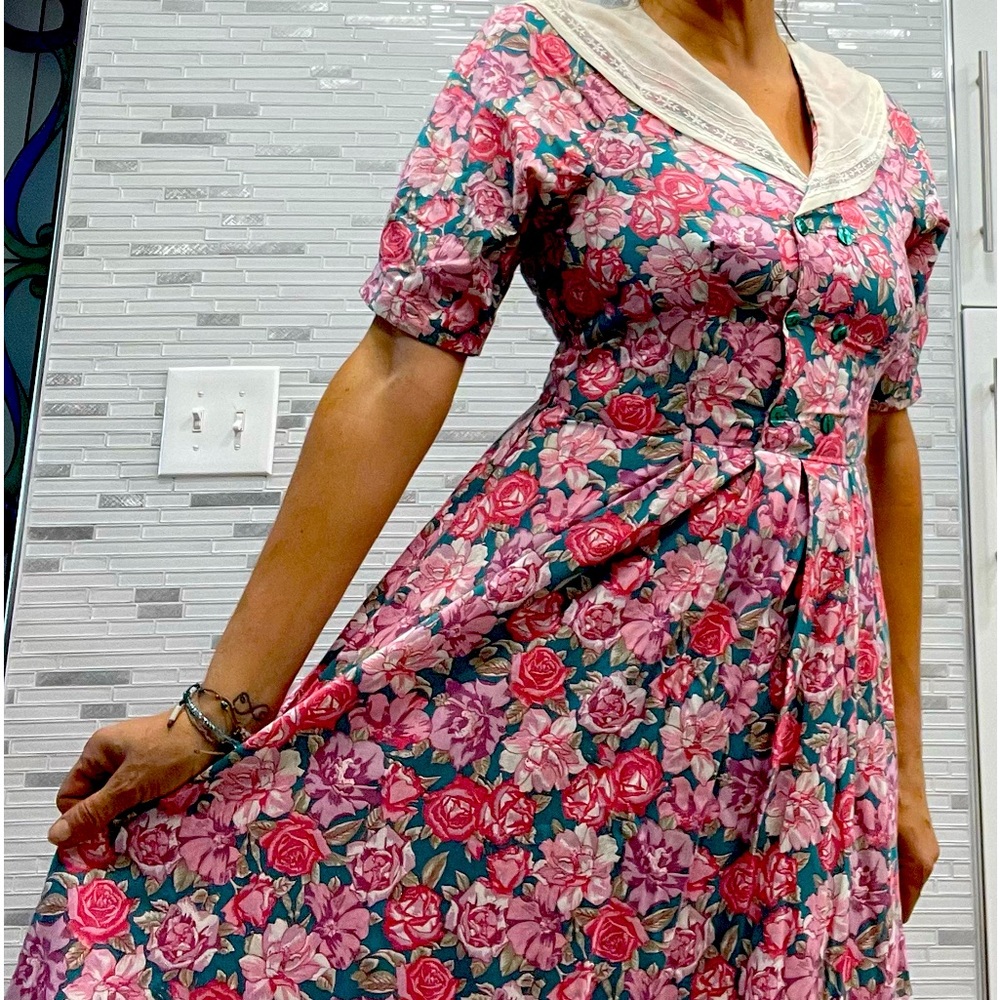 Vintage Laura Ashley Cottagecore pink/green Maxi Floral Dress sz 12 EUC